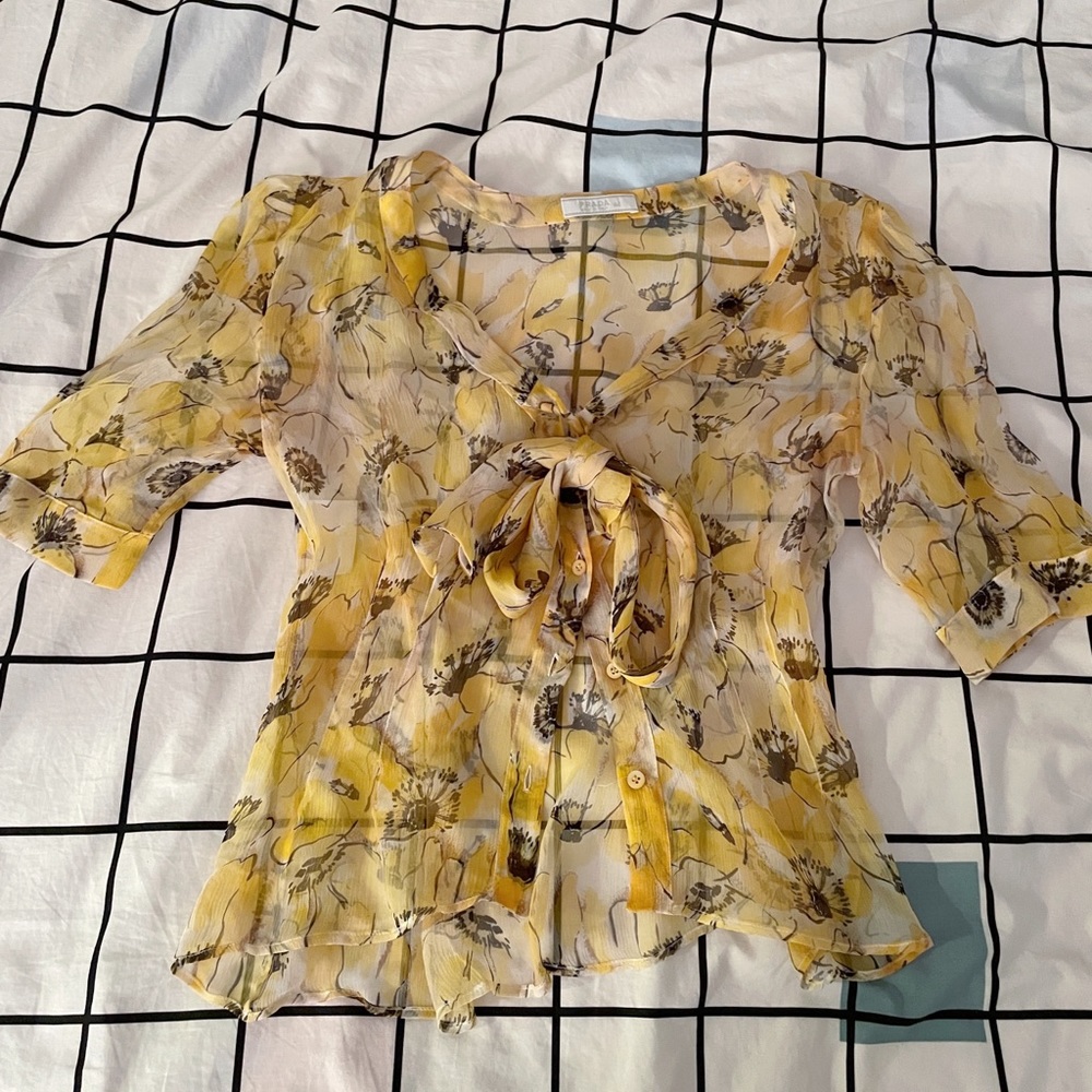 00’s Prada sheer silk yellow flower blouse